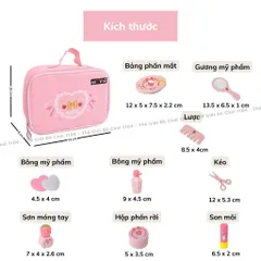 Bộ túi trang điểm cho bé bằng gỗ 13 món, họa tiết dâu tây xinh xắn