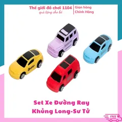 SET 4 xe ô tô mini chơi kèm với đường hầm khủng long sư tử bãi đậu xe ô tô