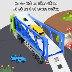 Xe tải đồ chơi chở ô tô con, chức năng chạy đà, hiệu ứng âm nhạc vui nhộn, thế giới đồ chơi 1104