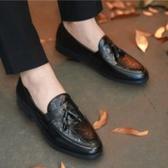 Giày Lười Nam Công Sở Da Mềm Dập Vân 3D - Giày Tây Cao Cấp Trang Trí Băng Chuông Dễ Phối Đồ, Đế Khâu Chắc Chắn