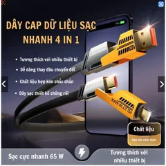 Cáp Sạc Nhanh 4 in 1 Vàng Đen 65W Đa Năng Cổng C-L, C-C, USB-C, USB-L - Tiện Lợi Cho Điện Thoại Và Thiết Bị Điện Tử
