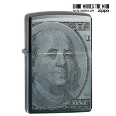 Bật Lửa Zippo 49025 - Thiết Kế Tờ 100 USD Màu Đen Bóng Black Ice - Chính Hãng, Chống Gió, Hộp Quà Tặng