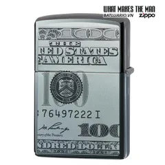 Bật Lửa Zippo 49025 - Thiết Kế Tờ 100 USD Màu Đen Bóng Black Ice - Chính Hãng, Chống Gió, Hộp Quà Tặng
