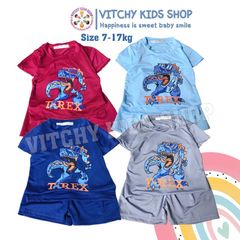 Bộ quần áo thun mềm co giãn 4 chiều họa tiết Khủng long T-Rex nhiều màu tay ngắn cho bé
