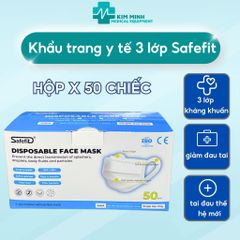 Khẩu Trang Y Tế Safefit 3 Lớp - Hộp 50 Chiếc Màu Xanh/Trắng, Quai Vải Mềm Không Đau Tai, Bảo Vệ Khuẩn và Bụi