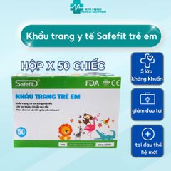 Khẩu Trang Y Tế Trẻ Em Safefit 3 Lớp Họa Tiết Cute - Quai Mềm Không Đau Tai Dành Cho Trẻ 6-12 Tuổi - Hộp 50 Chiếc Kháng Khuẩn