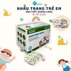 Khẩu Trang Trẻ Em Họa Tiết Khủng Long 3 Lớp - Hộp 50 Chiếc Quai Vải Không Đau Tai, An Toàn, Kháng Khuẩn Cho Trẻ 6-13 Tuổi