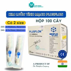 Hộp 100 cây kim luồn tĩnh mạch Mediplus Plusflon 20G, 22G, 24G - Kim chất lượng cao nhập khẩu Ấn Độ cho thủ thuật y tế an toàn