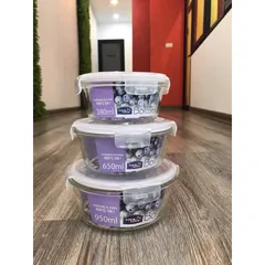 Bộ 3 Hộp Thủy Tinh Lock&Lock LLG861S3WS Dáng Tròn Chịu Nhiệt - Dung Tích 380ml, 650ml và 950ml - An Toàn, Sang Trọng, Tiện Dụng