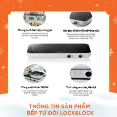 Bếp Điện Từ Đôi LocknLock EJI326WHT - Mặt Kính Chống Nhiệt, Khóa An Toàn, Hẹn Giờ, Thiết Kế Nhỏ Gọn, Công Suất 2800W