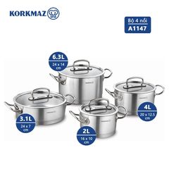 Bộ 4 Nồi Inox 18/10 Korkmaz Proline Nắp Kính - Chất Liệu Bền Đẹp, Đa Dạng Kích Thước Dành Cho Mọi Căn Bếp