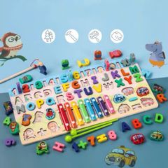 Hộp Bảng Gỗ Chữ Cái Chữ Số Kèm Đàn 6 Trong 1 - Đồ Chơi Giáo Dục Sớm Phát Triển Trí Tuệ Cho Bé 1-6 Tuổi
