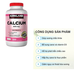 Viên Uống Bổ Sung Canxi + Vitamin D3 Kirkland Signature 600mg - Hỗ Trợ Xương Khớp, 500 Viên Mỹ