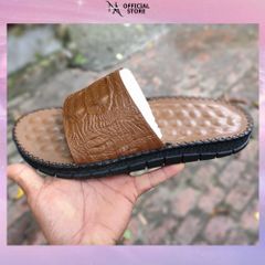 Dép Nam Da Bò Vân Cá Sấu Chống Trơn Quai Ngang - Đế Đúc Cao 3cm, Dành Cho Mọi Hoạt Động Thể Thao Và Vui Chơi