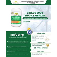 Viên uống bổ não Nature's Way Ginkgo 2000 - Tăng cường trí nhớ và chức năng nhận thức, 120 viên - Thực phẩm bảo vệ sức khỏe