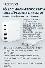 Bộ Sạc Nhanh TOOCKI 67W GaN 4 Cổng (2 USB-C + 2 USB-A) - Sạc Laptop, iPhone, MacBook - Thiết Kế Nhỏ Gọn, Hàng Xuất Hàn