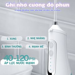 Máy tăm nước cầm tay Nikio NK-M209 - Pin sạc 1500mAh, 4 vòi phun, chế độ điều chỉnh áp lực 40-120 PSI, chống nước IPX7, tiện dụng và hiệu quả.