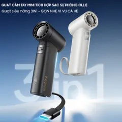Quạt Cầm Tay Mini 3in1 Ollie - Tích Hợp Sạc Dự Phòng 9000mAh, 100 Cấp Độ Gió, Hoạt Động 50 Giờ - Quạt Tích Điện Thông Minh