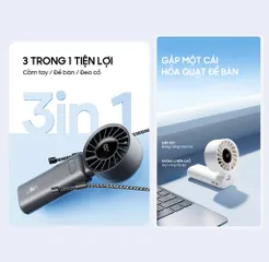 Quạt Cầm Tay Mini Gấp Gọn Ollie - Quạt Tích Điện Pin 3600mAh, 100 Tốc Độ Gió Cao, LED Hiển Thị, Tiện Lợi Đeo Cổ, Sử Dụng Đa Năng