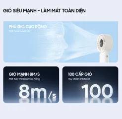Quạt Cầm Tay Mini Gấp Gọn Ollie - Quạt Tích Điện Pin 3600mAh, 100 Tốc Độ Gió Cao, LED Hiển Thị, Tiện Lợi Đeo Cổ, Sử Dụng Đa Năng