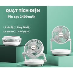 {BH 2 NĂM} Quạt Tích Điện Mini Jubilee Mart Có Đèn LED, 3 Chế độ Gió Xoay 90 độ Sử Dụng Lên Đến 8h