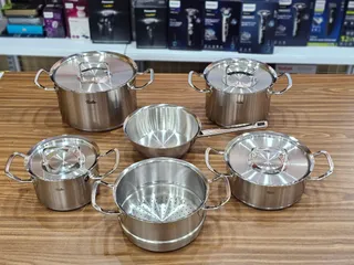 Bộ nồi inox Fissler Original-Profi Collection 6 chiếc có nắp inox và xửng hấp - Chất liệu thép không gỉ 18/10, bếp từ tương thích, dễ vệ sinh.