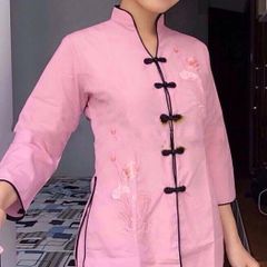 Áo Lam Đi Chùa Cổ Tàu Viền Đen Thêu Hoa Sen - Trang Phục Lễ Thanh Lịch, Chất Liệu Vải Kate Cao Cấp, Phù Hợp Mọi Kích Cỡ