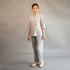 Bộ áo phật tử nữ cổ liền 1 nút vải linen Hàn Quốc - Trang phục truyền thống thoải mái cho phật tử, lý tưởng cho các lễ hội và hoạt động tại chùa