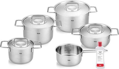 Bộ Nồi Inox Fissler Pure Profi 5 Món - Bao Gồm 3 Xoong và 1 Nồi Hầm, Tặng Kèm Chai Tẩy Inox chất lượng cao từ Đức