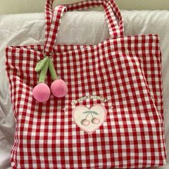 Túi Tote Nữ Caro Đỏ Họa Tiết Cherry - Túi Vải Đựng Sách Thời Trang Eco-Friendly cho Phái Đẹp