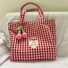 Túi Tote Nữ Caro Đỏ Họa Tiết Cherry - Túi Vải Đựng Sách Thời Trang Eco-Friendly cho Phái Đẹp