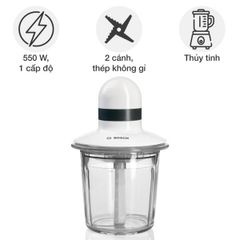 Máy Xay Thịt Bosch MMR15A1 - Công Suất 550W, Dung Tích 1.5L, Chất Liệu Thủy Tinh, Xay Thịt, Hoa Quả, Gia Vị, Phụ Kiện An Toàn