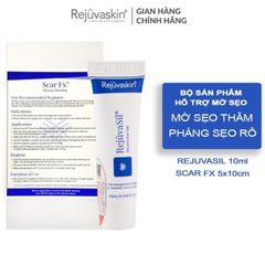 Bộ sản phẩm Rejuvaskin chống sẹo và làm mờ sẹo - Gel Rejuvasil 10ml và miếng dán Scar FX 5x10cm, giúp cải thiện tình trạng da sẹo hiệu quả.