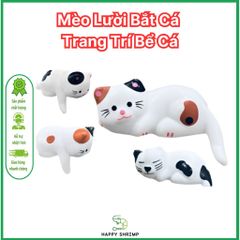 Mèo Lười Bắt Cá Trang Trí Hồ Cá - Phụ Kiện Dễ Thương cho Bể Cá Thủy Sinh, Chất Liệu Resin An Toàn