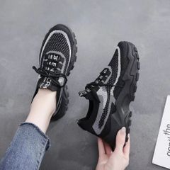 Giày thể thao nữ sneaker buộc dây Hàn Quốc thời trang, đế cao màu đen hồng, giày đi học và đi chơi V350