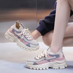 Giày thể thao nữ sneaker buộc dây Hàn Quốc thời trang, đế cao màu đen hồng, giày đi học và đi chơi V350
