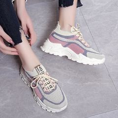Giày thể thao nữ sneaker buộc dây Hàn Quốc thời trang, đế cao màu đen hồng, giày đi học và đi chơi V350