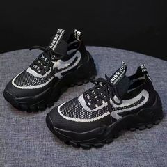 Giày thể thao nữ sneaker buộc dây Hàn Quốc thời trang, đế cao màu đen hồng, giày đi học và đi chơi V350