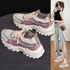 Giày thể thao nữ sneaker buộc dây Hàn Quốc thời trang, đế cao màu đen hồng, giày đi học và đi chơi V350