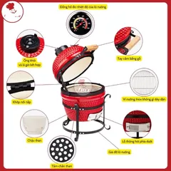 Lò Nướng Gốm Kamado 12.6 inch Di Động - Lò Nướng Than Đen Chịu Nhiệt Cao Cho Tiệc Nướng Ngoài Trời, Cắm Trại và Nấu Ăn Camping