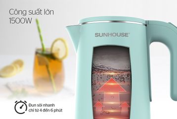 Âm Siêu Tốc Inox 2 Lớp 1.8 Lít SUNHOUSE SHD1351 - Công Suất 1500W, Đế Tiếp Điện Xoay 360 Độ, Nấu Nước Nhanh Chóng, Màu Xanh