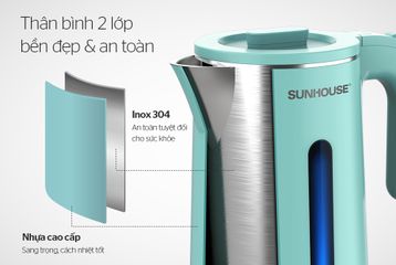 Âm Siêu Tốc Inox 2 Lớp 1.8 Lít SUNHOUSE SHD1351 - Công Suất 1500W, Đế Tiếp Điện Xoay 360 Độ, Nấu Nước Nhanh Chóng, Màu Xanh