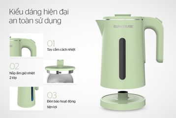 Ấm Siêu Tốc Inox 2 Lớp 1.8L SUNHOUSE SHD1353 - Công Suất 1500W, Đế Xoay 360 Độ, Tự Động Tắt, Bảo Hành 12 Tháng