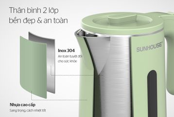 Ấm Siêu Tốc Inox 2 Lớp 1.8L SUNHOUSE SHD1353 - Công Suất 1500W, Đế Xoay 360 Độ, Tự Động Tắt, Bảo Hành 12 Tháng