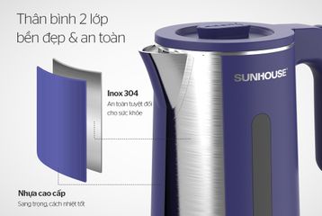 Ấm Siêu Tốc Inox 2 Lớp 1.8L Sunhouse SHD1355 - Công Suất 1500W, Tự Động Tắt, Đế Xoay 360 Độ, Màu Xanh Than, Bảo Hành 12 Tháng