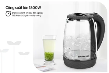 Ấm Siêu Tốc Thủy Tinh 1.8L Sunhouse SHD1215B - Công Suất 1800W, Thiết Kế Đen Hiện Đại, Đế Xoay 360 Độ, Tự Ngắt Khi Nước Sôi