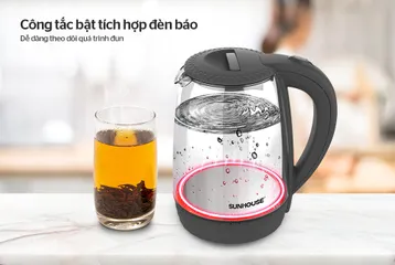 Ấm Siêu Tốc Thủy Tinh 1.8L Sunhouse SHD1215B - Công Suất 1800W, Thiết Kế Đen Hiện Đại, Đế Xoay 360 Độ, Tự Ngắt Khi Nước Sôi