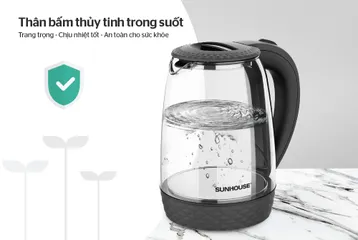 Ấm Siêu Tốc Thủy Tinh 1.8L Sunhouse SHD1215B - Công Suất 1800W, Thiết Kế Đen Hiện Đại, Đế Xoay 360 Độ, Tự Ngắt Khi Nước Sôi