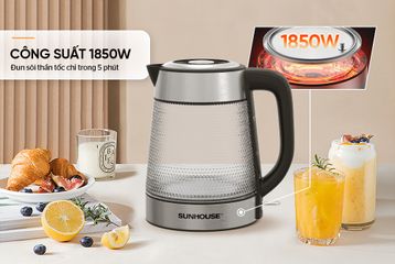 Ấm Siêu Tốc Thủy Tinh Sunhouse SHD1220 - Dung Tích 1.8L, Công Suất 1850W, Đế Xoay 360 Độ, Bảo Hành 12 Tháng