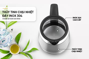 Ấm Siêu Tốc Thủy Tinh Sunhouse SHD1220 - Dung Tích 1.8L, Công Suất 1850W, Đế Xoay 360 Độ, Bảo Hành 12 Tháng